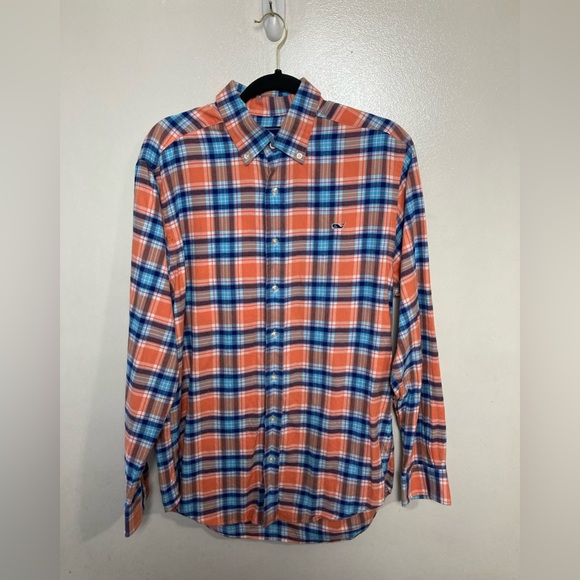 Vineyard Vines orange/blue plaid slim fit Whale shirt. Medium - Picture 2 of 5